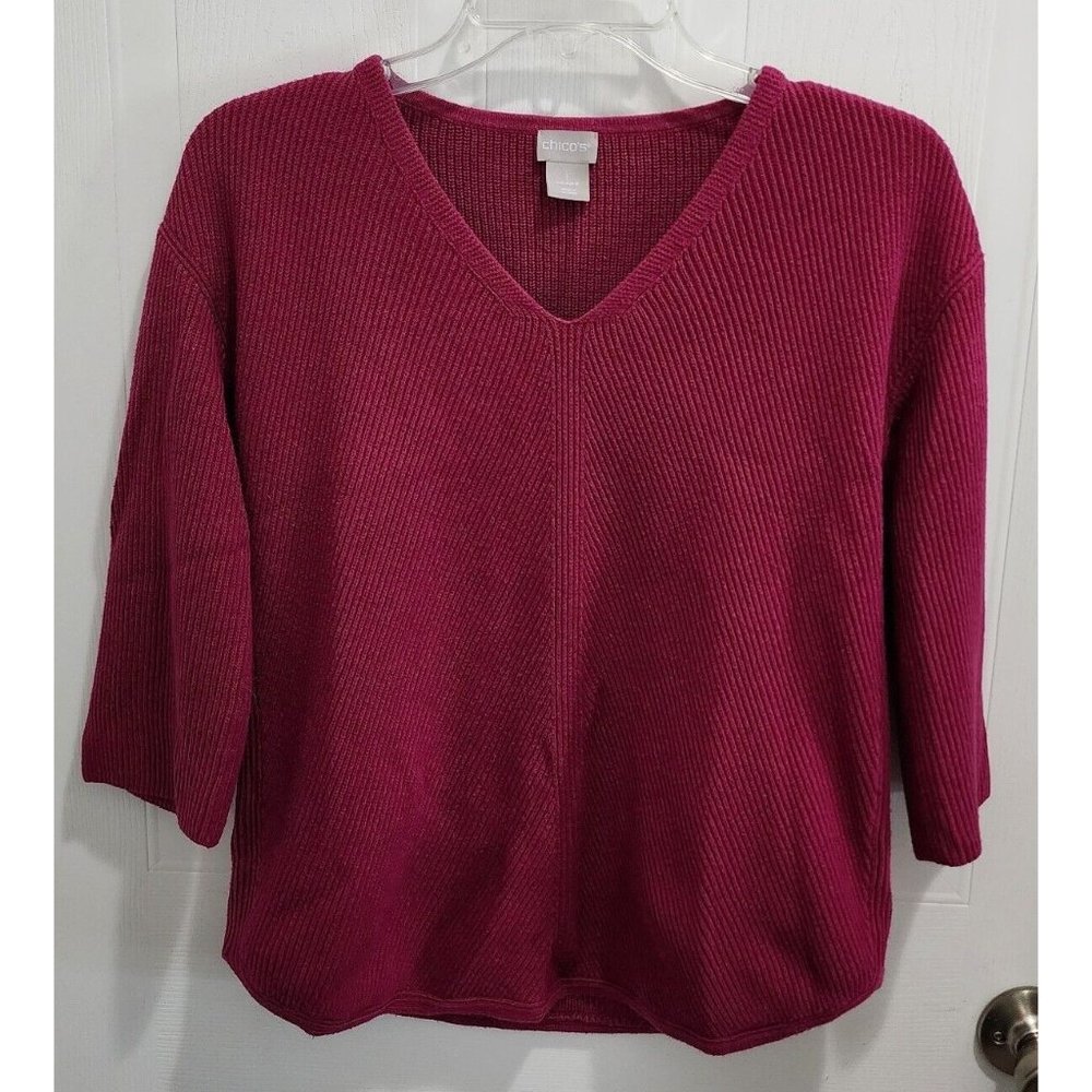 Chico's Women's 3/4 Sleeve V Neck Tight Knit Pullover Sweater Dark Pink Size 1 M